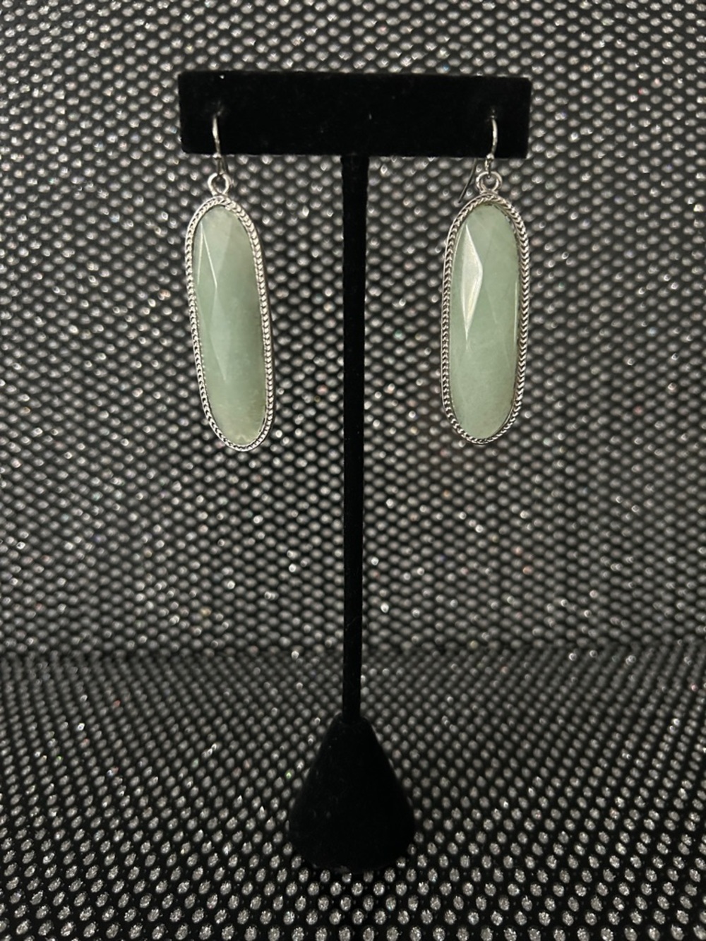 Silver Long Soft Green Stone Drop Earrings